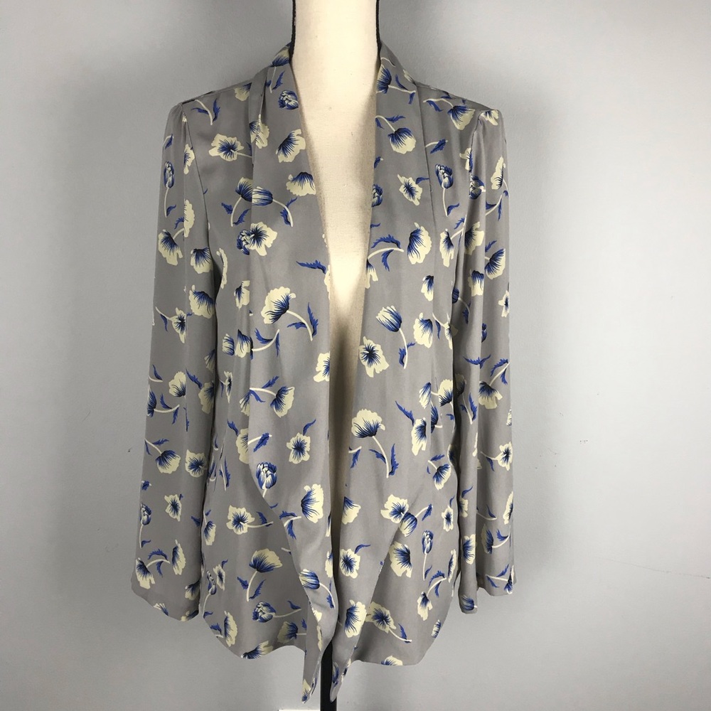 Lush floral open fluid cardigan blazer grey blue
